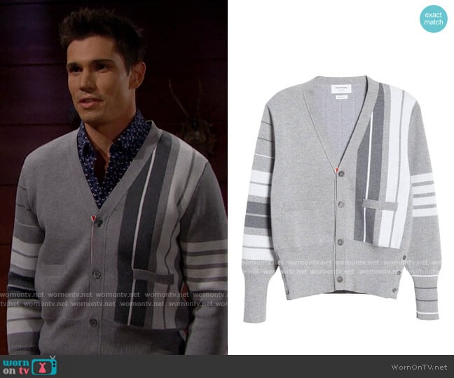 Thome Browne Stripe 4-Bar Merino Wool Cardigan worn by Dr. John Finnegan (Tanner Novlan) on The Bold and the Beautiful