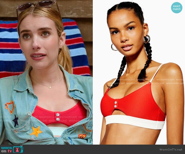 Topshop Button Bikini Top with Cutout worn by Sloan (Emma Roberts) on Holidate (2020)
