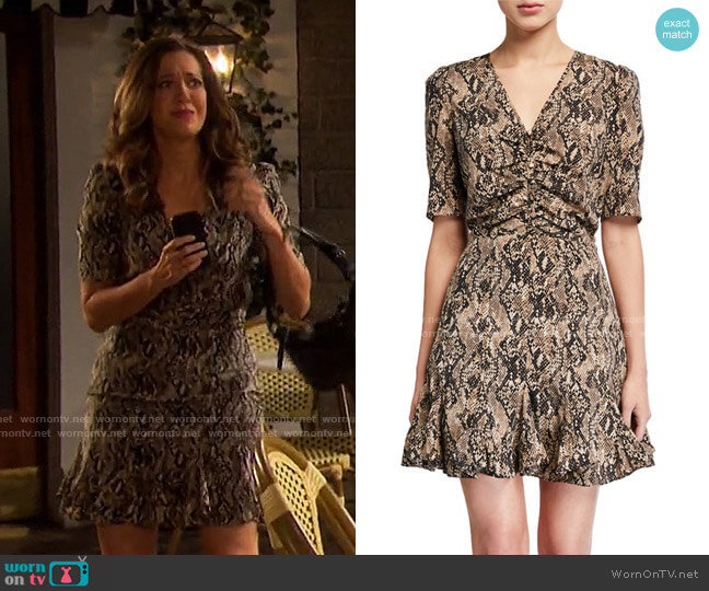 Veronica Beard Ried Snake-Print Short-Sleeve Flounce Dress worn by Jan Spears (Heather Lindell) on Days of our Lives