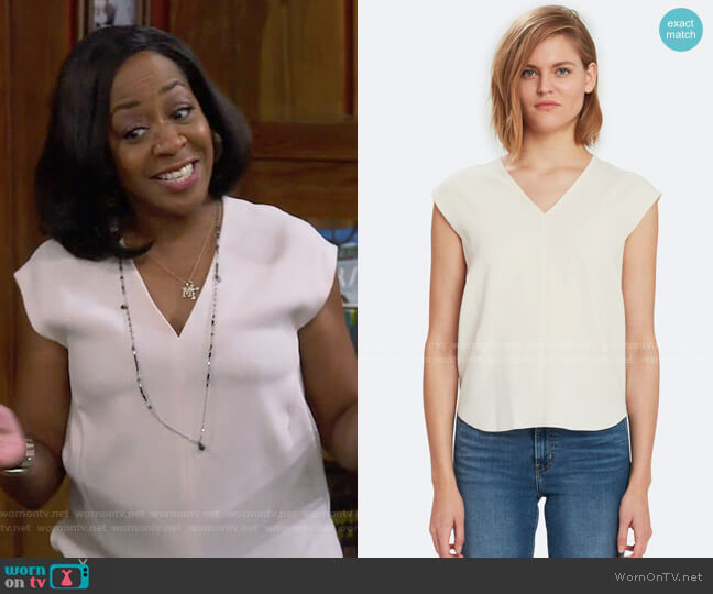 Vince V-Neck Cap Sleeve Blouse worn by Tina Butler (Tichina Arnold) on The Neighborhood