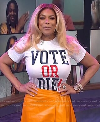 Wendy’s orange leather asymmetric skirt on The Wendy Williams Show