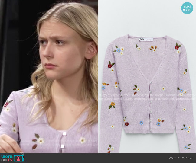 Zara Floral Embroidery Knit Cardigan worn by Faith Newman (Alyvia Alyn Lind) on The Young and the Restless