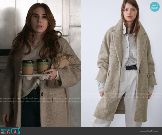 Zara Oversized Boucle Coat worn by Annie (Zosia Mamet) on The Flight Attendant