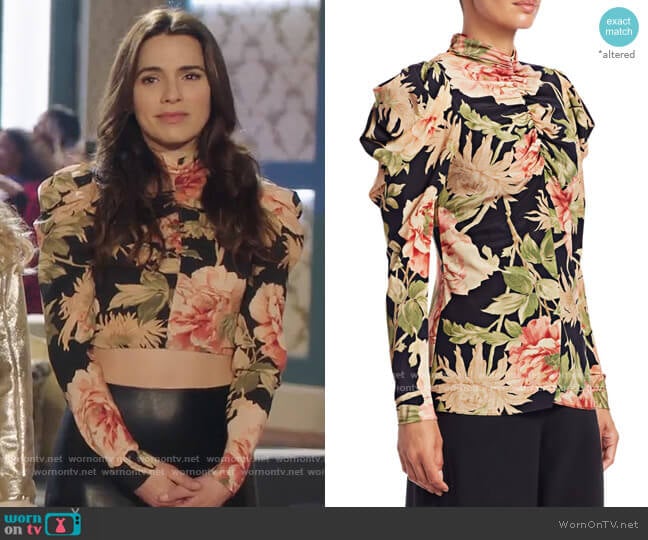Zimmermann Eye Spy Floral Puff-Sleeve Blouse worn by Ginger Sweet (Melia Kreiling) on Filthy Rich