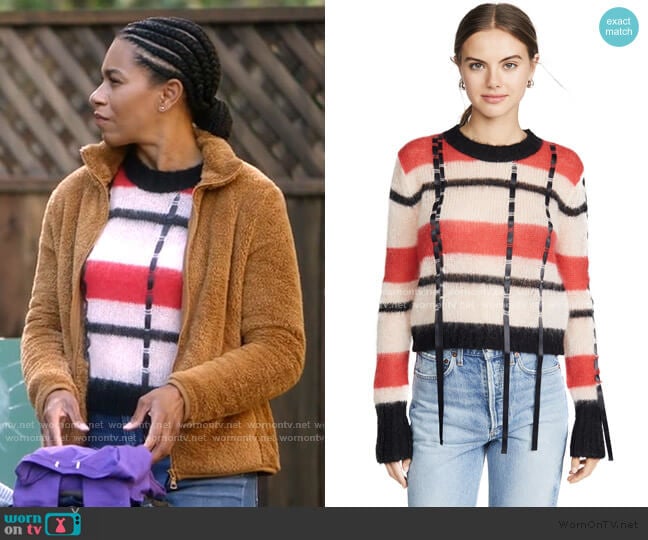 3.1 Phillip Lim Mohair Striped Crew Neck Pullover worn by Maggie Pierce (Kelly McCreary) on Greys Anatomy