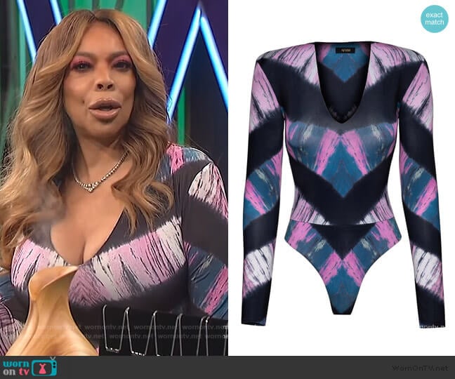 AFRM Sybil Long Sleeve Thong Bodysuit worn by Wendy Williams on The Wendy Williams Show