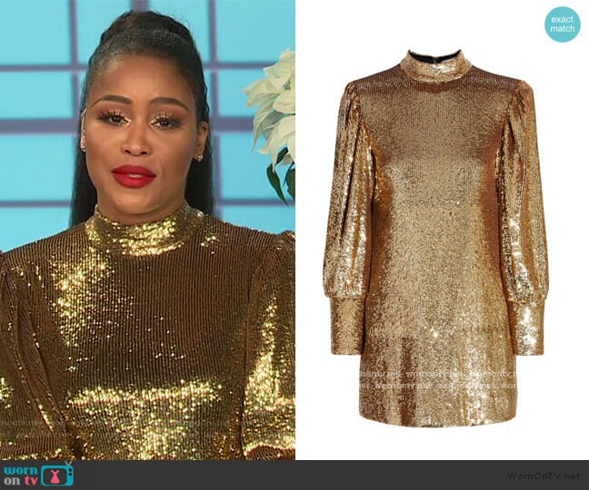 A.L.C. Christy Sequin Mock-Neck Blouson-Sleeve Mini Dress worn by Sheryl Underwood on The Talk