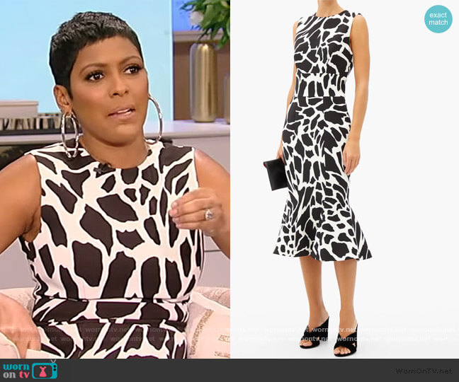 Alexandre Vauthier Flared giraffe-print crepe dress worn by Tamron Hall on Tamron Hall Show