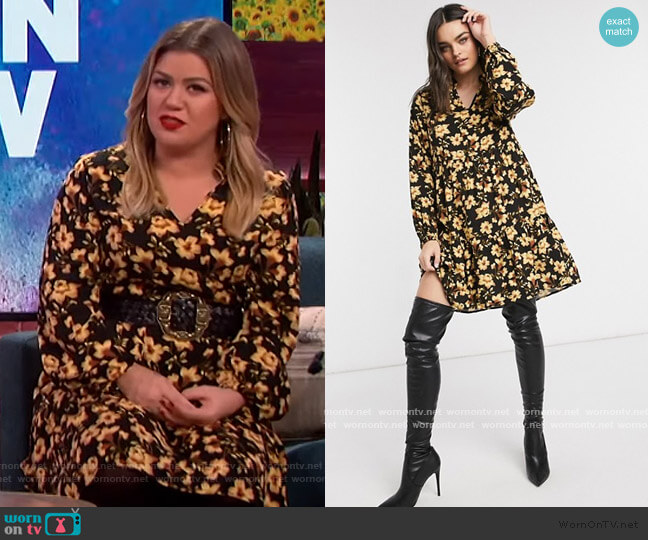 ASOS Vila long sleeve smock dress in yellow floral print worn by Kelly Clarkson on The Kelly Clarkson Show