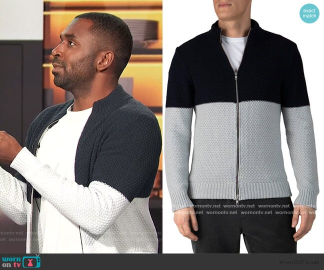 ATM Anthony Thomas Melillo Colorblock Cotton-Blend Zip Up Sweater worn by Justin Sylvester on E! News