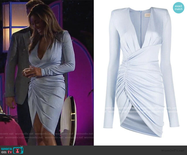 Alexandre Vauthier plunge-neck ruched mini dress worn by Tayshia Adams on The Bachelorette