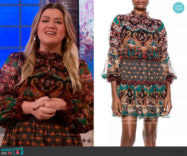 Alice + Olivia Marella Printed Mock Neck Dress worn by Kelly Clarkson on The Kelly Clarkson Show
