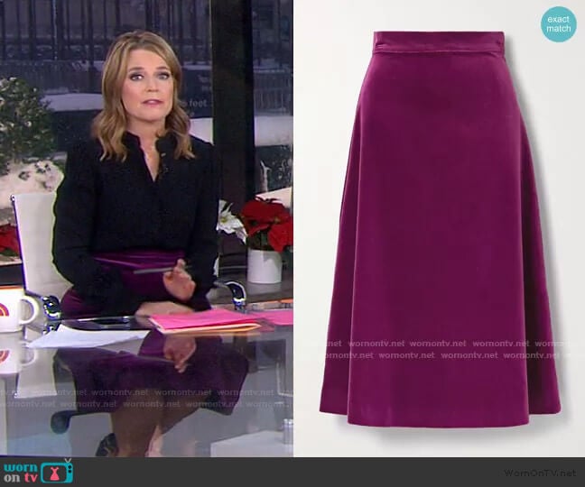 Aross Girl x Soler Alma Cotton-Velvet Midi Skirt worn by Savannah Guthrie on Today