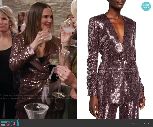 Badgley Mischka Collection Sequin Crush-Sleeve Belted Jacket worn by Meredith Marks on The Real Housewives of Salt Lake City