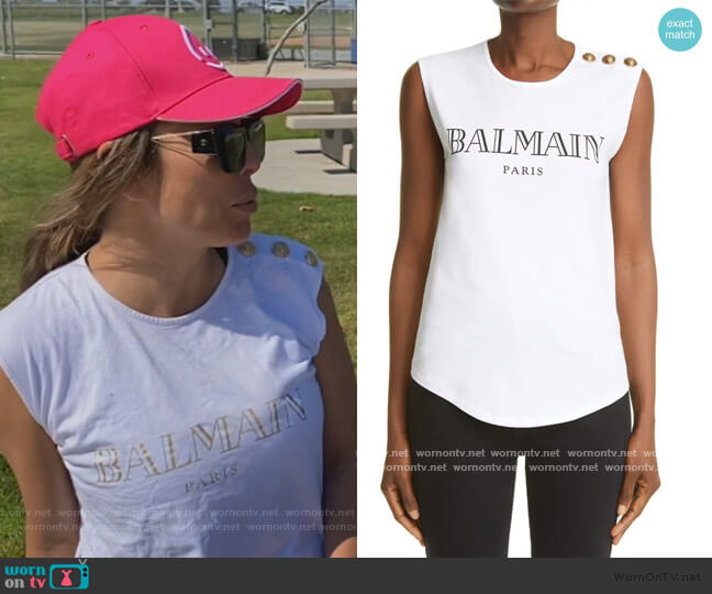Balmain Button-embellished printed cotton-jersey tank worn by Kelly Dodd on The Real Housewives of Orange County
