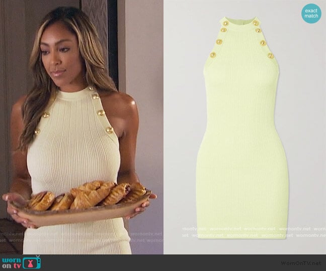 Balmain Button-embellished ribbed-knit mini dress worn by Tayshia Adams on The Bachelorette