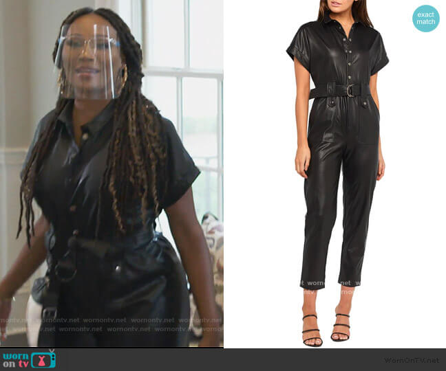 Bardot Faux Leather Belted Jumpsuit worn by Cynthia Bailey on The Real Housewives of Atlanta
