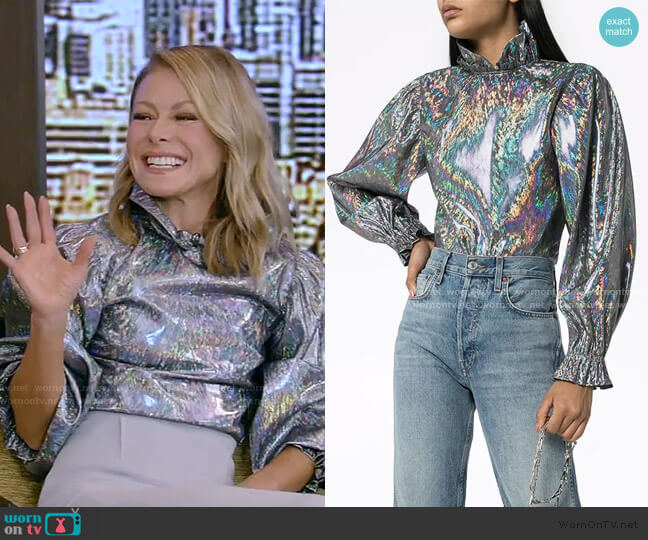 Batsheva Rory Metallic High Neck Blouse worn by Kelly Ripa on Live with Kelly and Mark