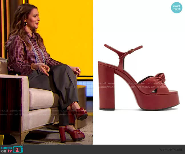 Saint Laurent Bianca knotted leather platform sandals worn by Drew Barrymore on The Drew Barrymore Show