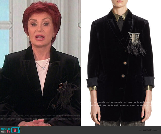 Brunello Cucinelli Black Velvet Feather Pocket Blazer worn by Sharon Osbourne on The Talk