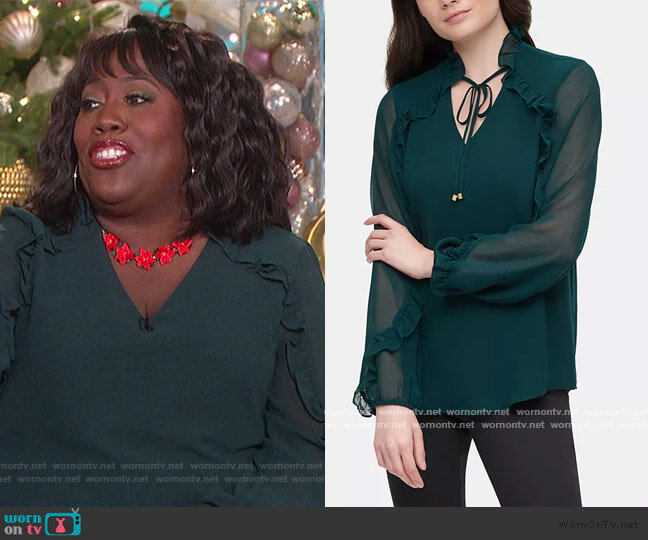Calvin Klein Ruffled Sheer-Sleeve Top worn by Sheryl Underwood on The Talk