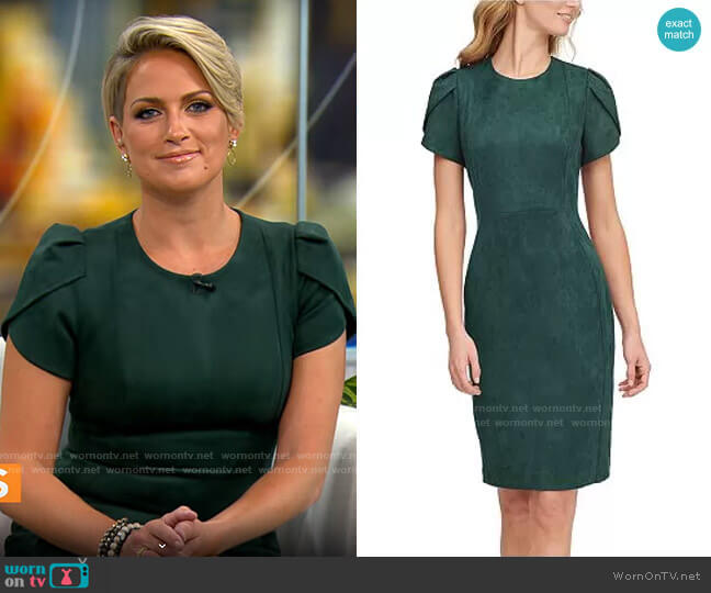 Calvin Klein Scuba-Crepe Faux-Suede Tulip-Sleeve Sheath Dress worn by Jamie Yuccas on CBS Mornings