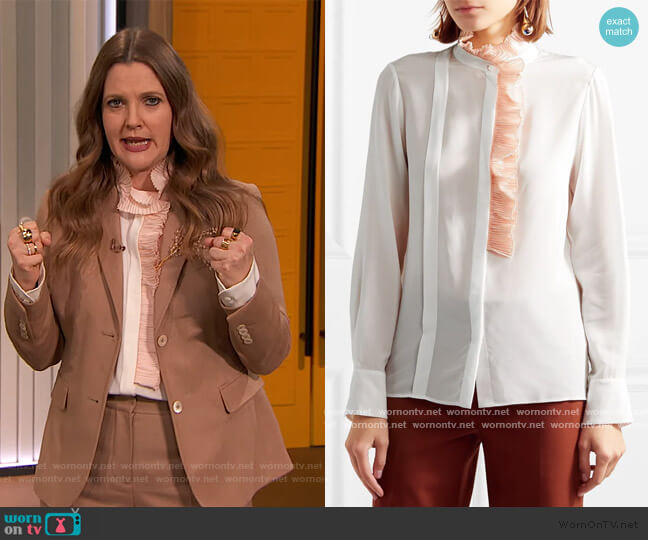 Chloe Ruffle-trimmed silk-georgette blouse worn by Drew Barrymore on The Drew Barrymore Show