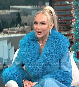 Christine Quinn’s blue shearling trim coat on E! News Daily Pop