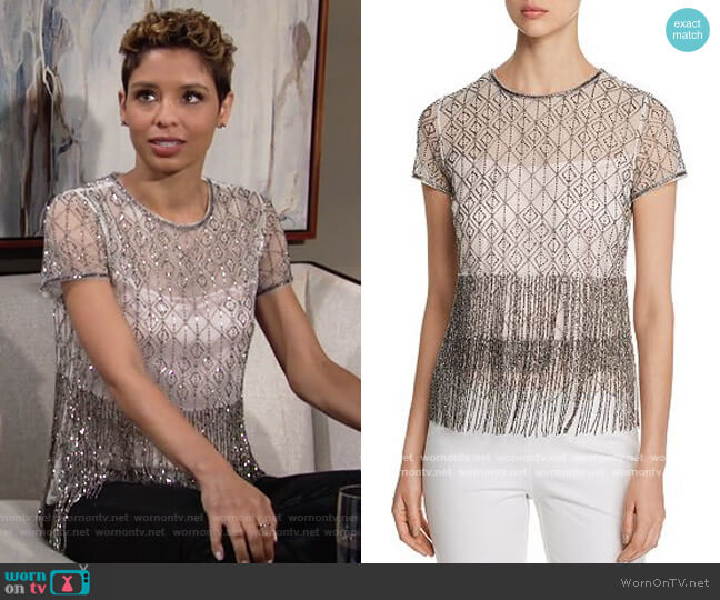 Elie Tahari Joselyn Beaded Fringe Blouse worn by Elena Dawson (Brytni Sarpy) on The Young and the Restless