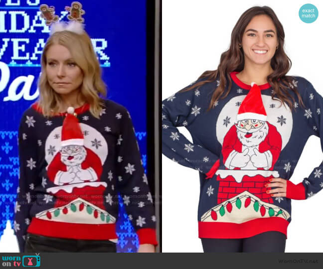 Ugly Christmas Sweater Flappy Santa Animated Hat Ugly Christmas Sweater worn by Kelly Ripa on Live with Kelly and Mark
