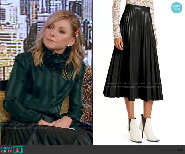 Maison Margiela Pleated Faux Leather Midi Skirt worn by Kelly Ripa on Live with Kelly and Mark