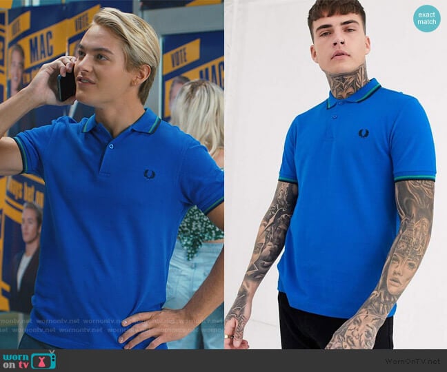 ASOS Fred Perry twin tipped polo in blue worn by Mac Morris (Mitchell Hoog) on Saved By The Bell