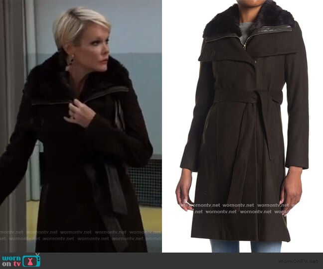 French Connection Belted Faux Fur Drape Collar Coat worn by Ava Jerome (Maura West) on General Hospital