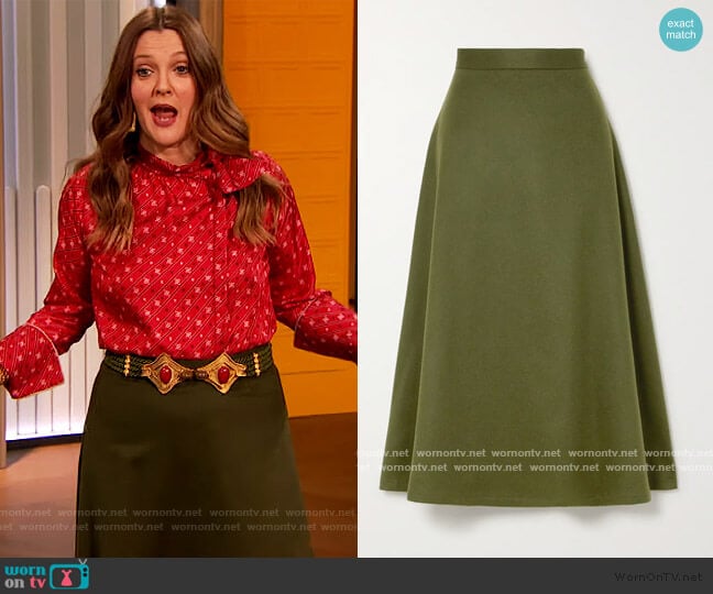 Giuliva Heritage The Ada herringbone camel hair midi skirt worn by Drew Barrymore on The Drew Barrymore Show