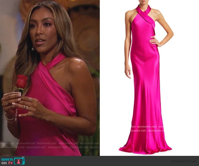 Galvan Pandora Silk Halter Gown worn by Tayshia Adams on The Bachelorette