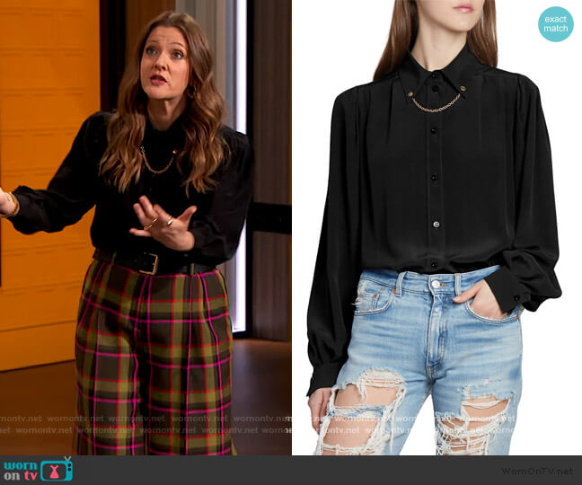 Givenchy Chain-Trimmed Silk Blouse worn by Drew Barrymore on The Drew Barrymore Show