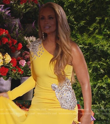 Gizelle’s yellow embellished one shoulder dress on The Real Housewives of Potomac