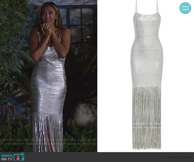 Herve Leger Fringed metallic coated bandage gown worn by Tayshia Adams on The Bachelorette