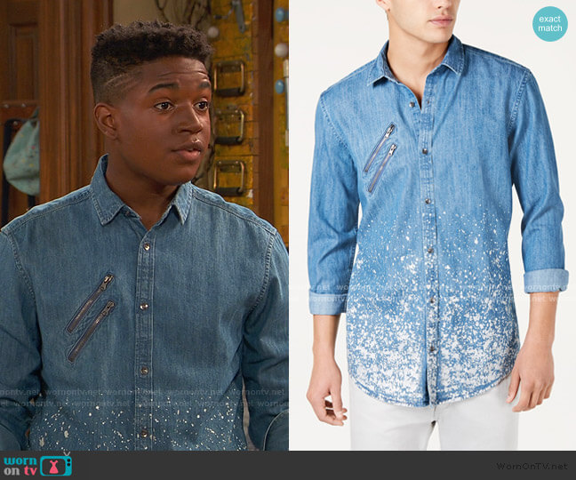INC International Concepts Paint Splatter Denim Shirt worn by Booker Baxter (Issac Ryan Brown) on Ravens Home