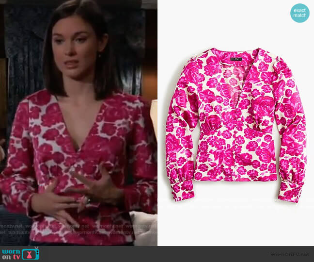 J. Crew Deep V-neck button-front top in shaded floral worn by Willow Tait (Katelyn MacMullen) on General Hospital