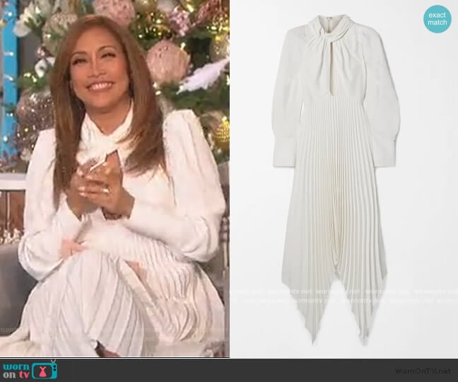 Khaite Bryn asymmetric cutout pleated crepe dress worn by Carrie Inaba on The Talk