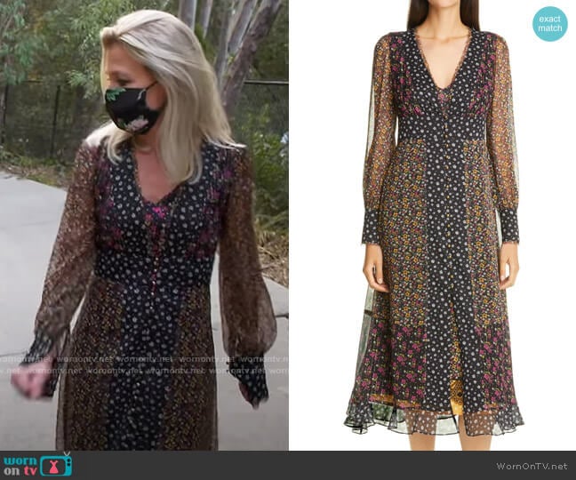 Le Superbe Magnolia Lane Metallic Thread Floral Mix Print Long Sleeve Chiffon Dress
