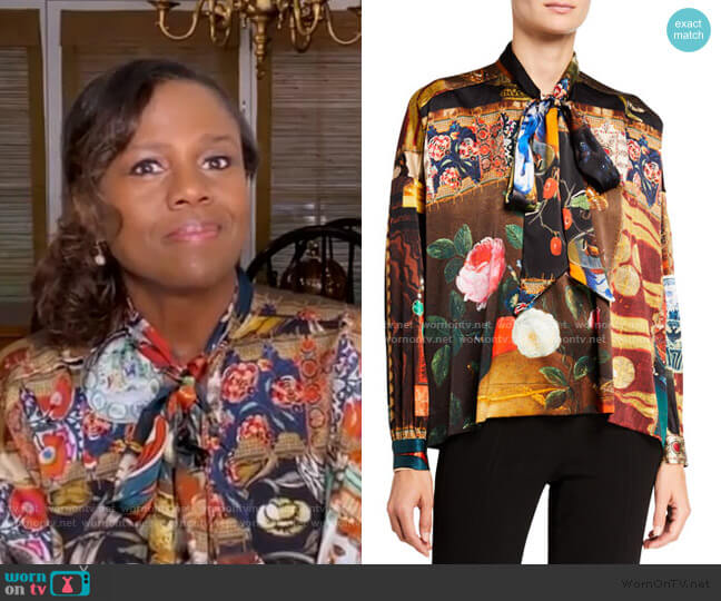 Libertine Memento Mori Tie-Neck Charmeuse Blouse worn by Deborah Roberts on Good Morning America