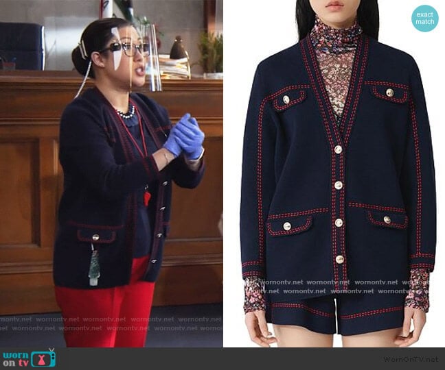 Maje Mollie Topstitched Cardigan worn by Sherri Kansky (Ruthie Ann Miles) on All Rise