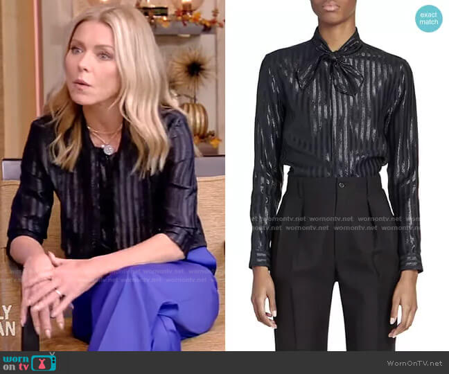 Saint Laurent Metallic Stripe Tie Neck Silk Blend Blouse worn by Kelly Ripa on Live with Kelly and Mark