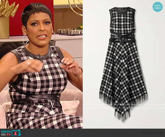 Michael Kors Dover belted leather-trimmed checked wool midi dress worn by Tamron Hall on Tamron Hall Show