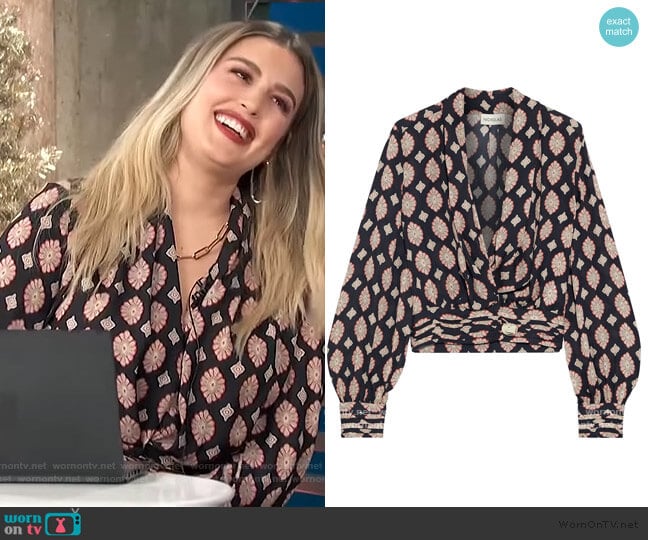 Nicholas Shaila printed silk crepe de chine wrap top worn by Carissa Loethen Culiner on E! News
