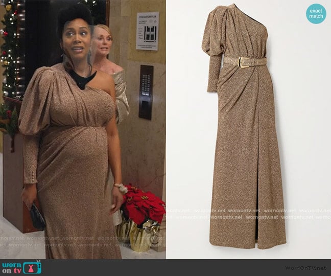Patbo One-sleeve belted ruched Lurex gown worn by Lola Carmichael (Simone Missick) on All Rise
