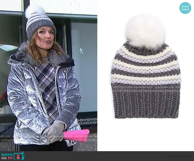 Raffaello Bettini Trilly Fox Fur-Trimmed Cashmere Stripe Beanie worn by Savannah Guthrie on Today