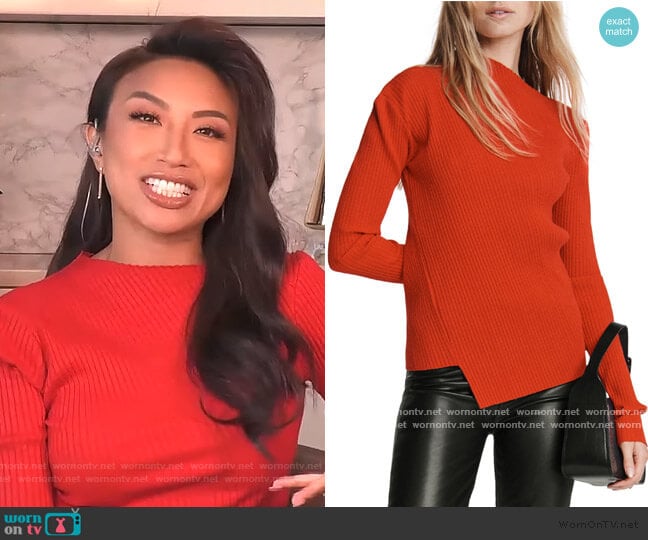 Rag and Bone Jade Asymmetrical Neck Ribbed Top worn by Jeannie Mai on The Real
